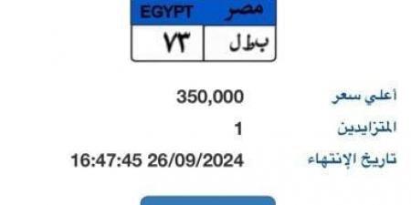 طرح لوحة مميزة تحمل أرقام "ب ط ل- 73” بالمزاد وسعرها يصل 350 ألف جنيه - بوابة فكرة وي