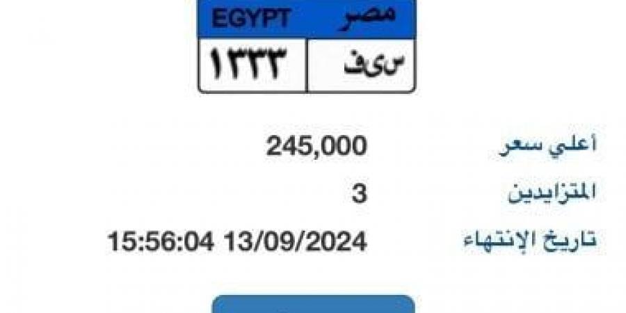 لوحة "س ى ف- 1333" المميزة سعرها يصل 245 ألف جنيه فى بداية المزاد - بوابة فكرة وي