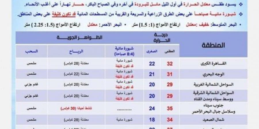 الأرصاد تكشف عن حالة الطقس اليوم الخميس 10 أكتوبر 2024.. مائل للبرودة ليلاً حار نهارًا - بوابة فكرة وي